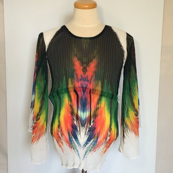 Dolcezza Womens Pleated Top Large Multicolor Pattern Drawstring Long Sleeve - Picture 1 of 8